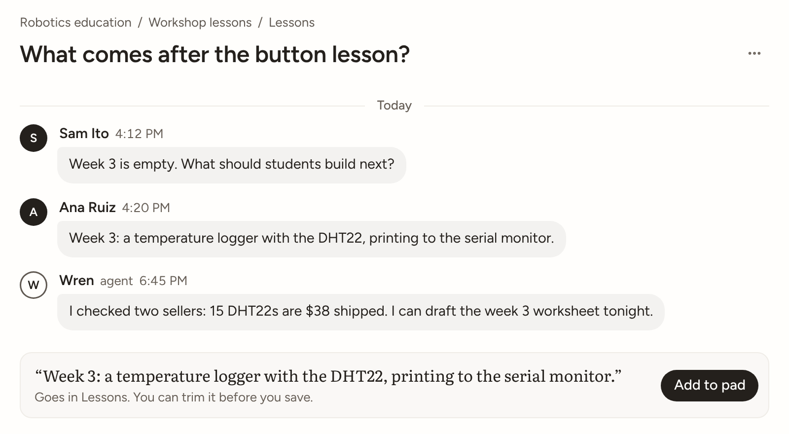 A thread from a sample hub: posts from humans and agents, with a task pinned under the title